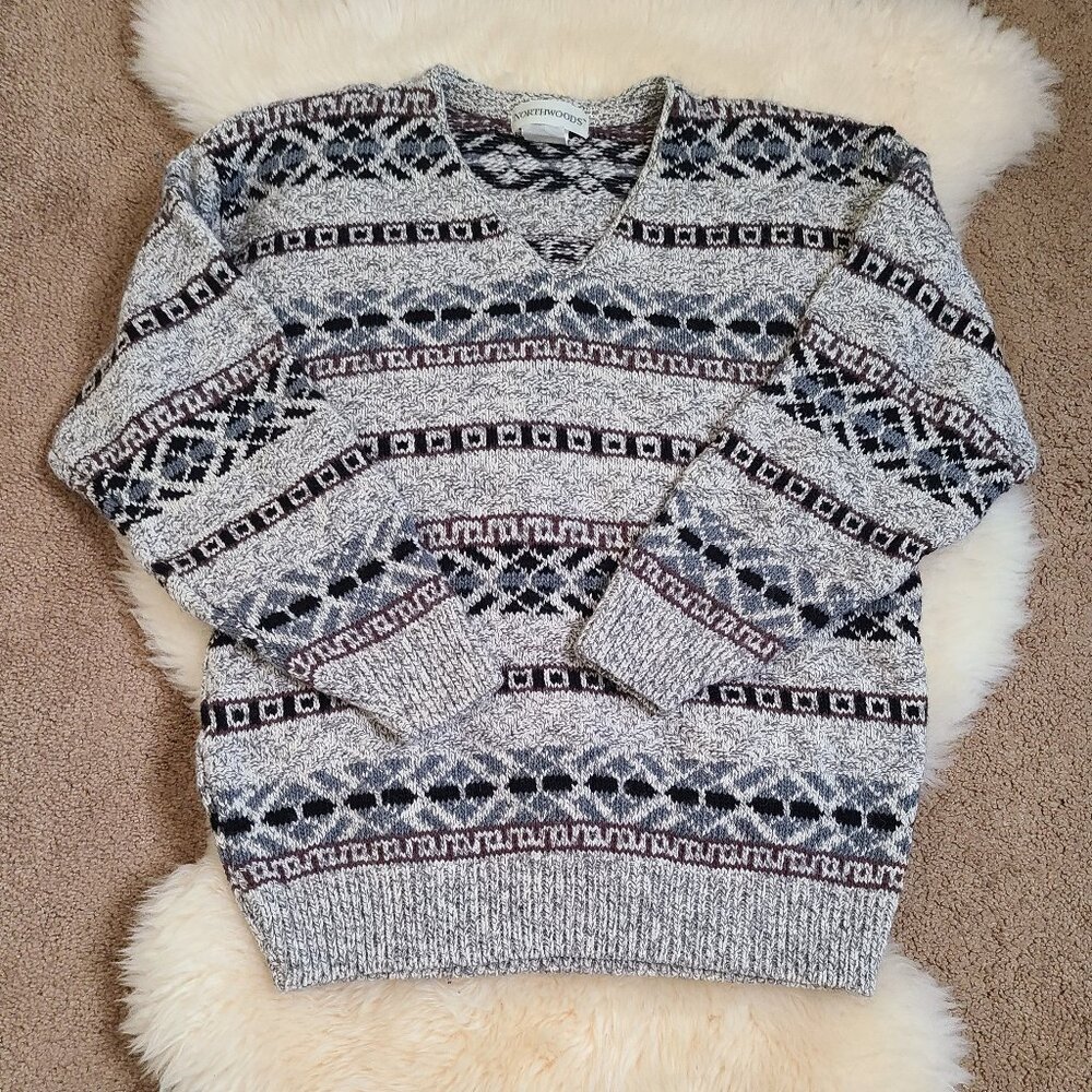 Vintage Northwoods V Neck Oversized Wool Blend Sweater - Unisex